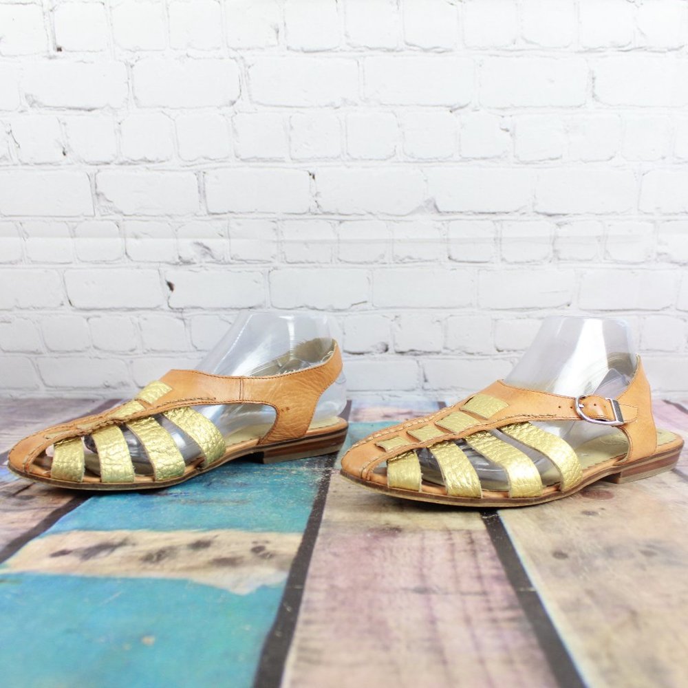 Latigo Jeepers Brown Gold Leather Ankle Strap Flat Sandals Size 9.5 M - Picture 2 of 9